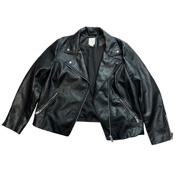 H&M Black Vegan Leather Moto Jacket Short Women's 14 Zippers Casual Faux Biker - Picture 4 of 8
